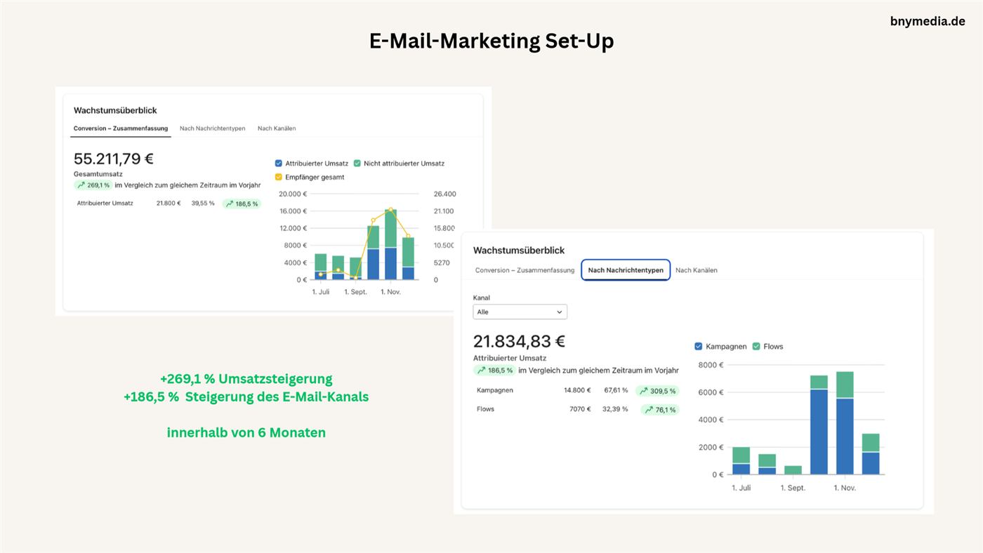 Klaviyo Dashboard: E-Mail-Marketing Set-up plus 186,5 Prozent